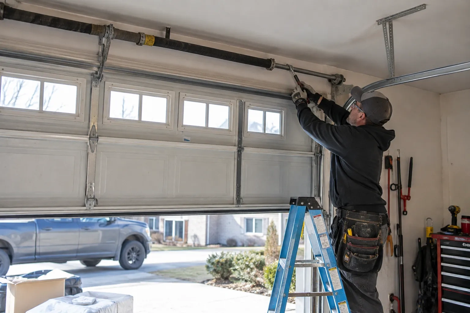 Illustrative garage doors scene; not an actual job