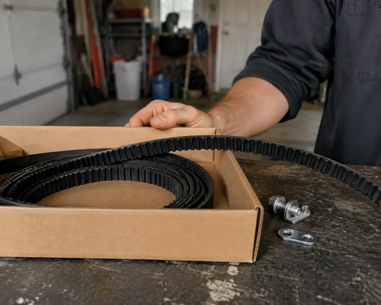 A toothed black drive belt lies in an open cardboard box beside small metal fittings on a garage workbench. — Belt-Drive Opener Repair, Scugog