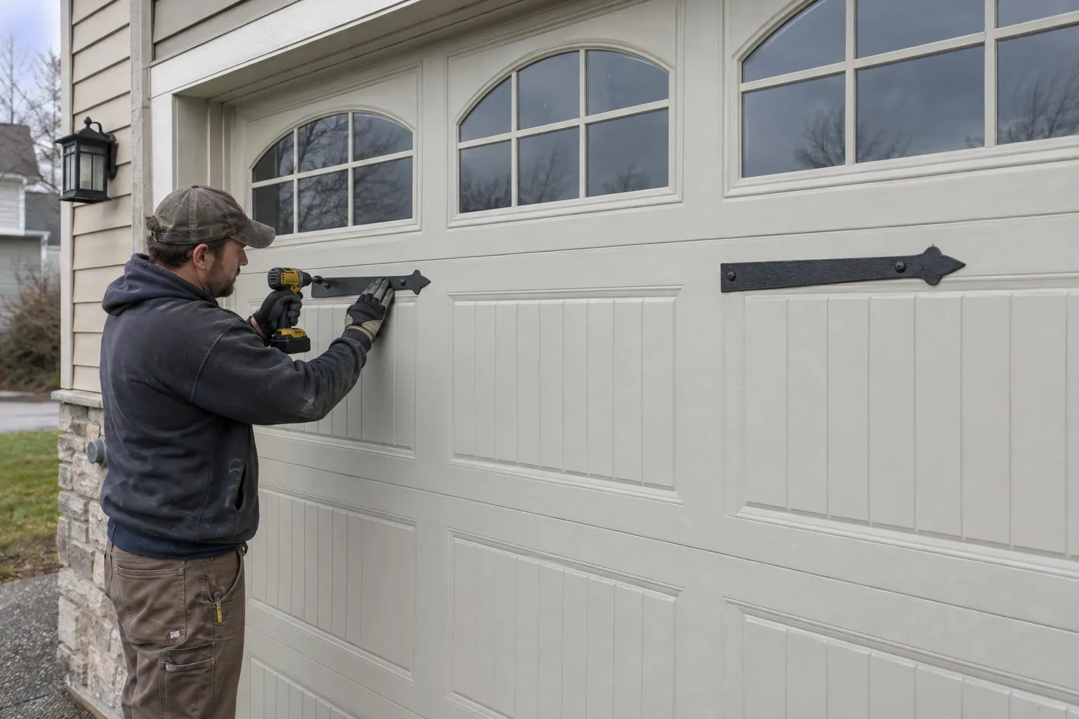 Illustrative garage doors scene; not an actual job
