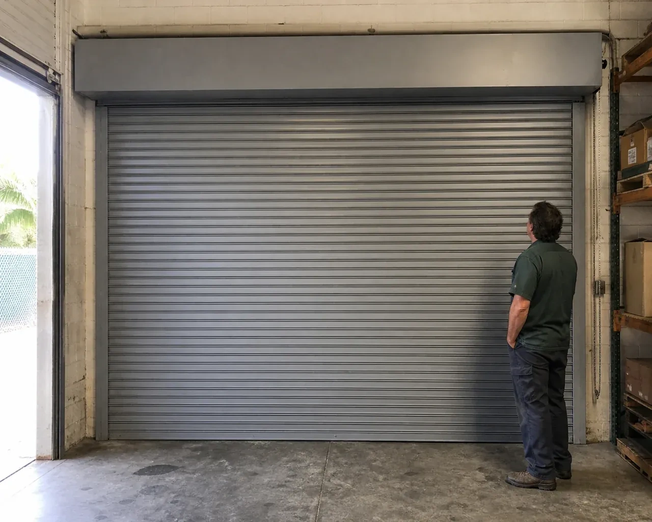 A person examines a closed metal rolling door with narrow horizontal slats, side guides and an overhead hood in a warehouse. — Commercial Rolling Door Repair, Scugog