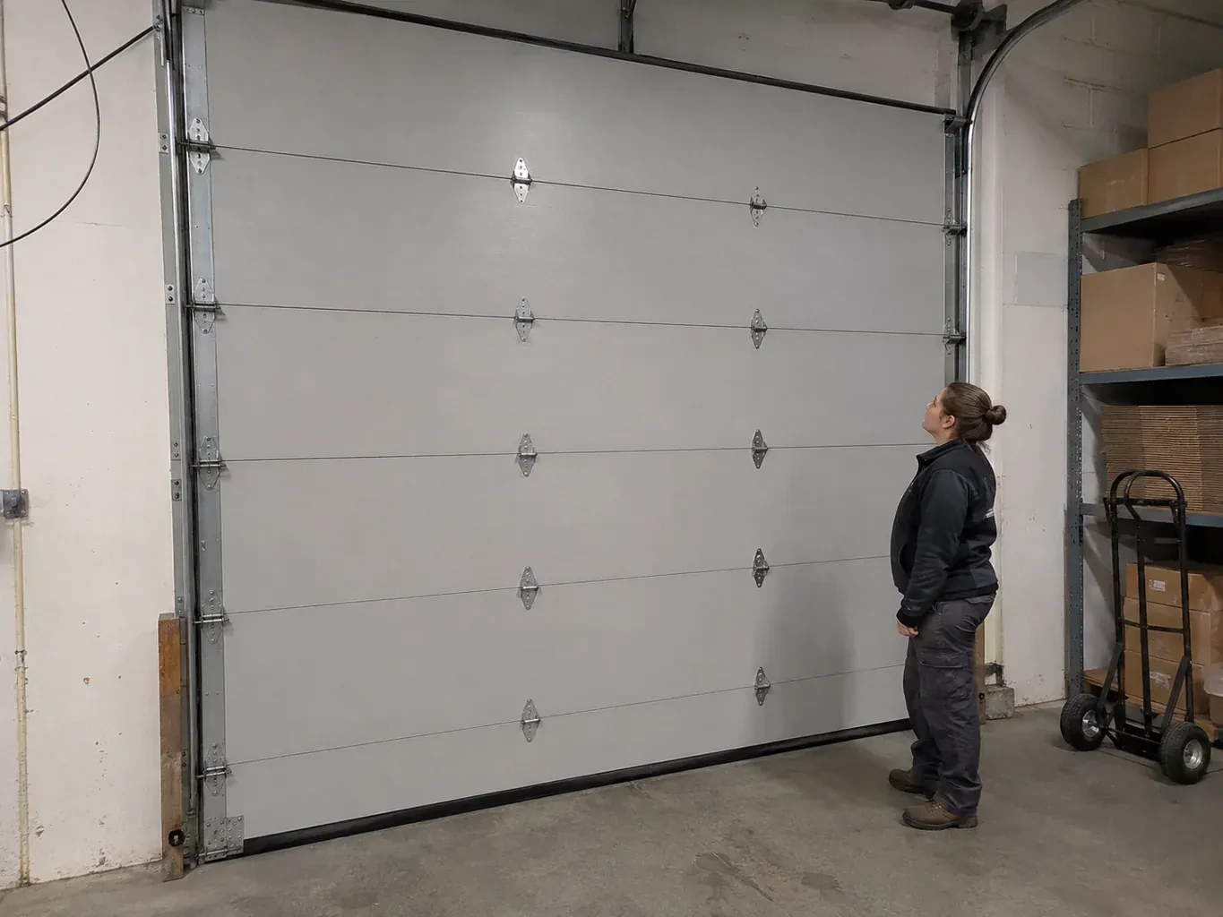 A person looks at a tall closed sectional door with broad panels, hinges and side tracks in a warehouse. — Commercial Sectional Door Repair, Scugog