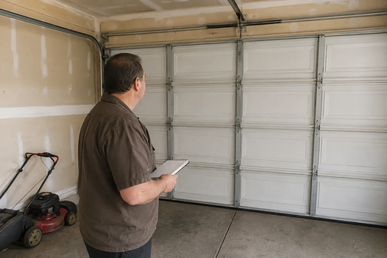 Technician holding a notebook while looking at a closed sectional door. — Garage Door Balance Adjustment, Scugog