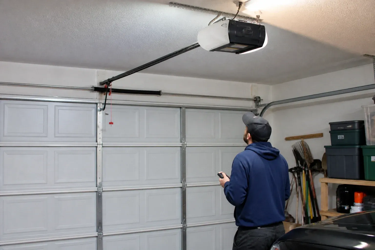 A person holding a remote looks toward an overhead garage-door opener and rail. — Garage Door Opener Diagnosis and Repair, Scugog