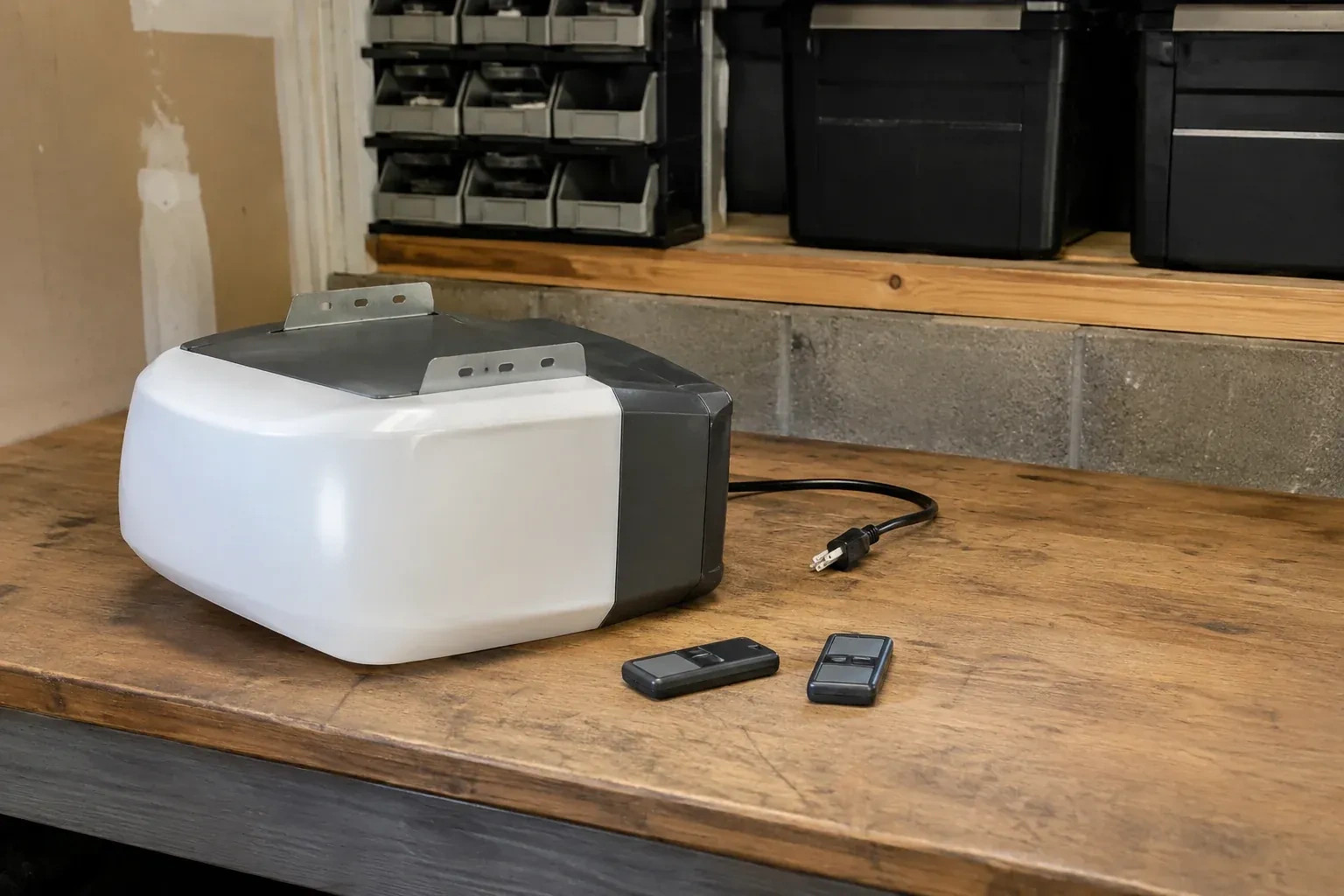 Detached opener housing and two remotes on a garage bench. — Garage Door Opener Replacement, Scugog
