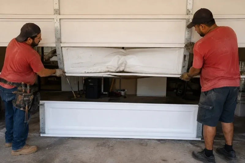 Two people holding a dented lower garage-door section above a separate white panel resting on the ground. — Garage Door Panel Replacement, Scugog