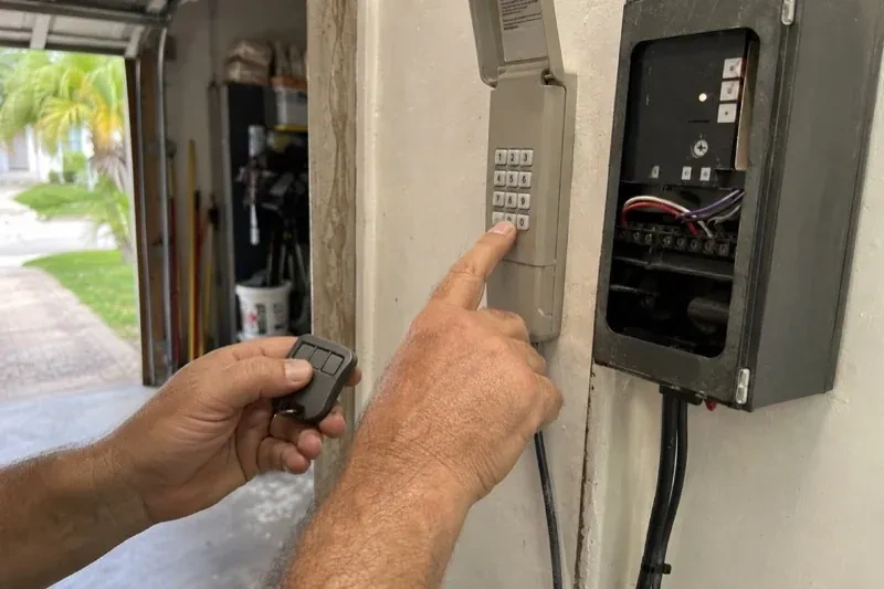 Hands holding a small remote and pressing a wall-mounted keypad beside an open control box with visible wiring. — Garage Door Remote and Keypad Programming, Scugog