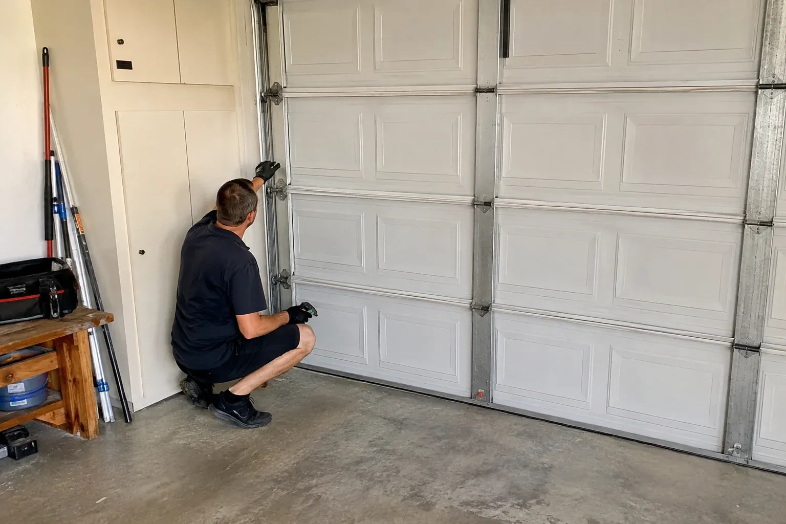 A person kneels beside the side track and hinges of a closed sectional garage door. — Garage Door Safety Inspection, Scugog