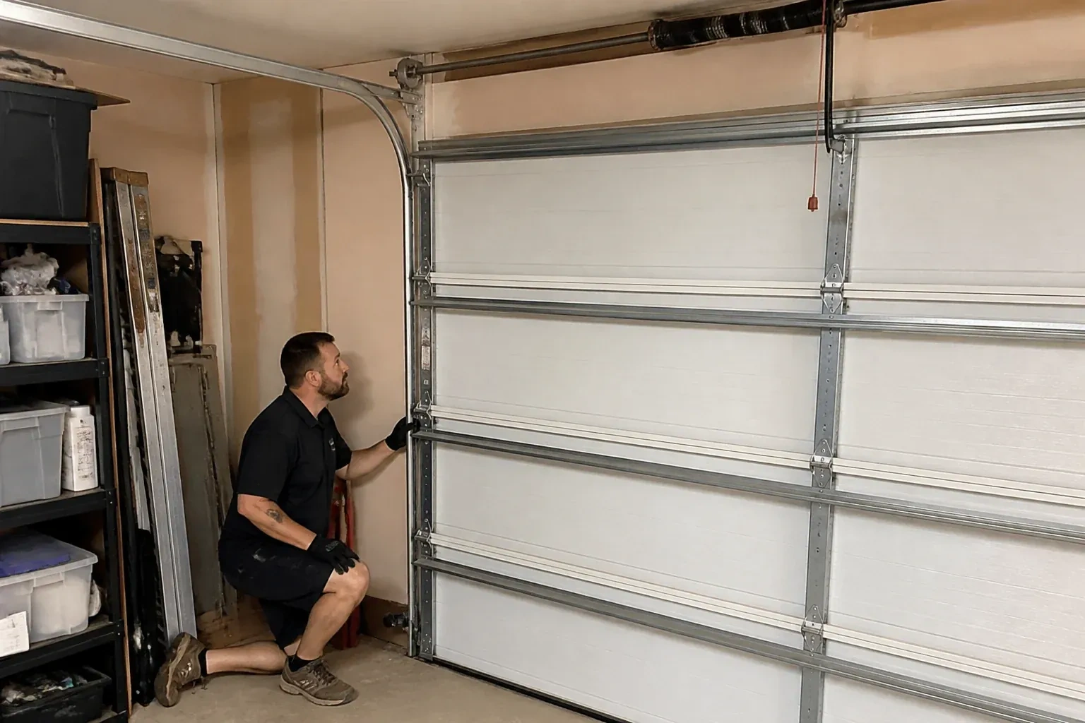 A person examines the vertical side track of a closed garage door. — Garage Door Track Repair or Replacement, Scugog