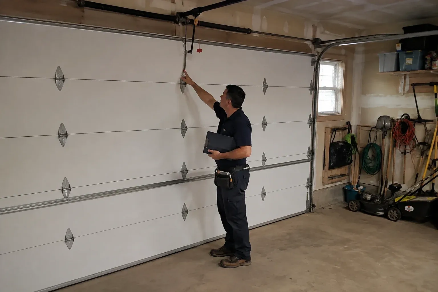 A person holding a clipboard examines the interior hardware of a closed garage door. — Garage Door Tune-Up, Scugog