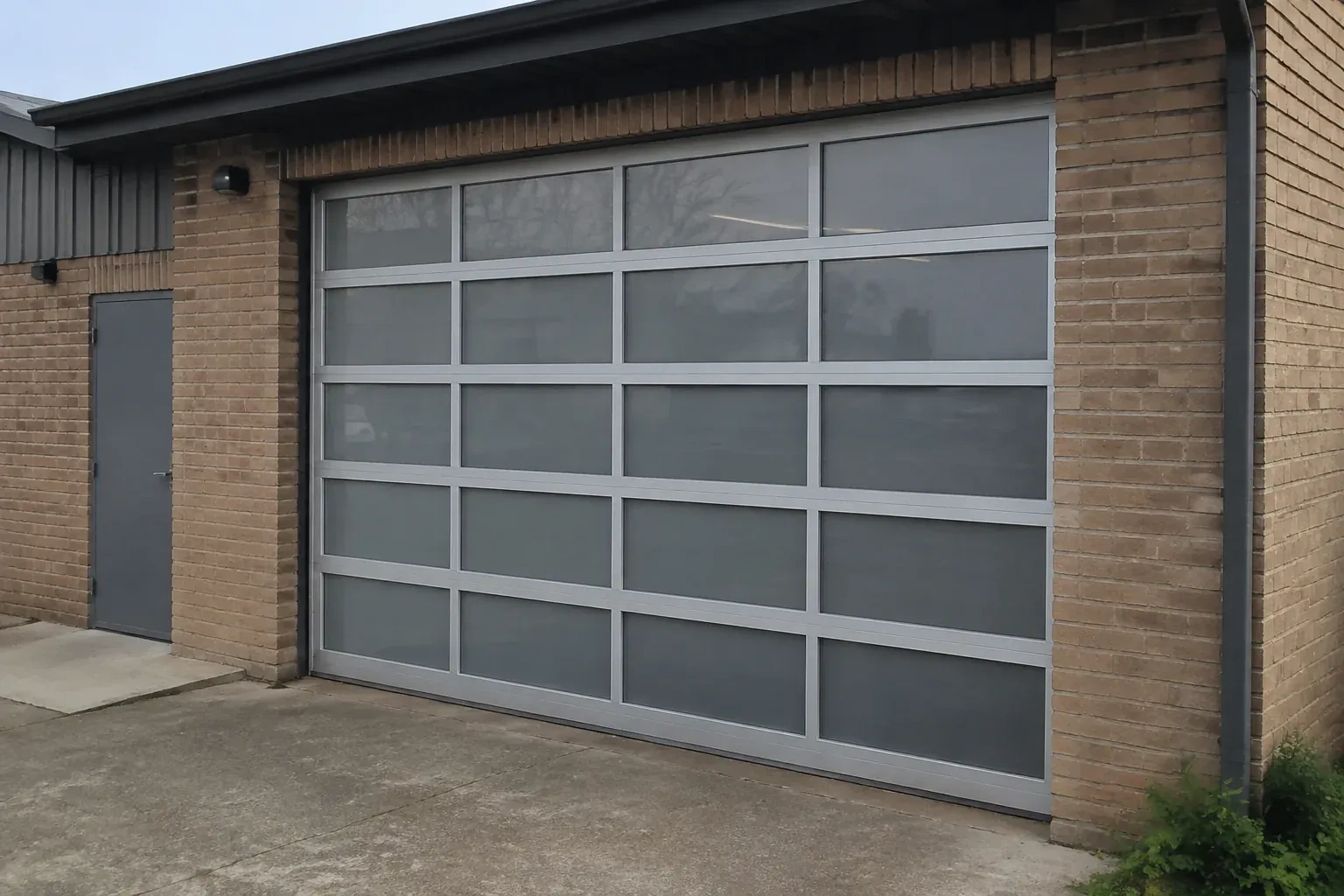 Closed glazed sectional door in a grey metal frame at a brick workshop. — Full-View Glass Garage Door Installation, Scugog
