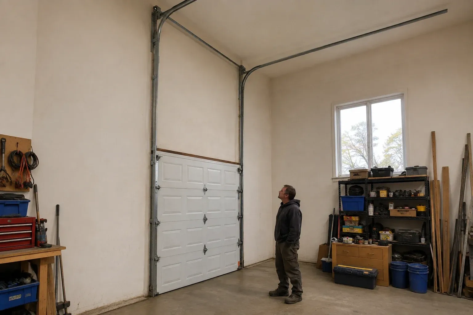 Vertical tracks extend above a closed garage door before curving near a high ceiling, while a person looks upward. — High-Lift Garage Door Conversion, Scugog