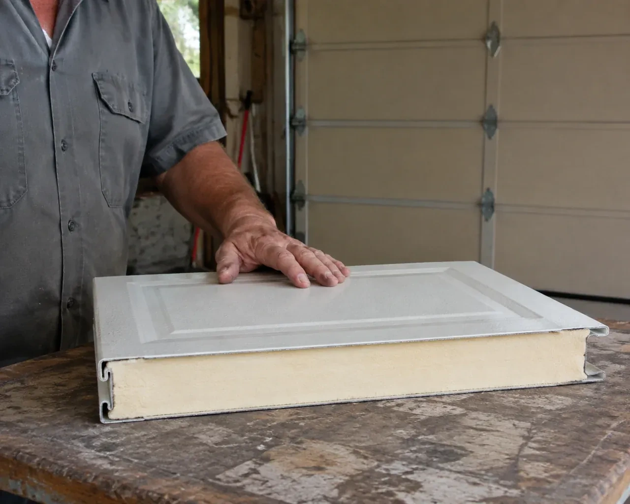 A panel sample exposes a cream foam core between thin metal faces on a garage workbench. — Insulated Steel Garage Door Installation, Scugog