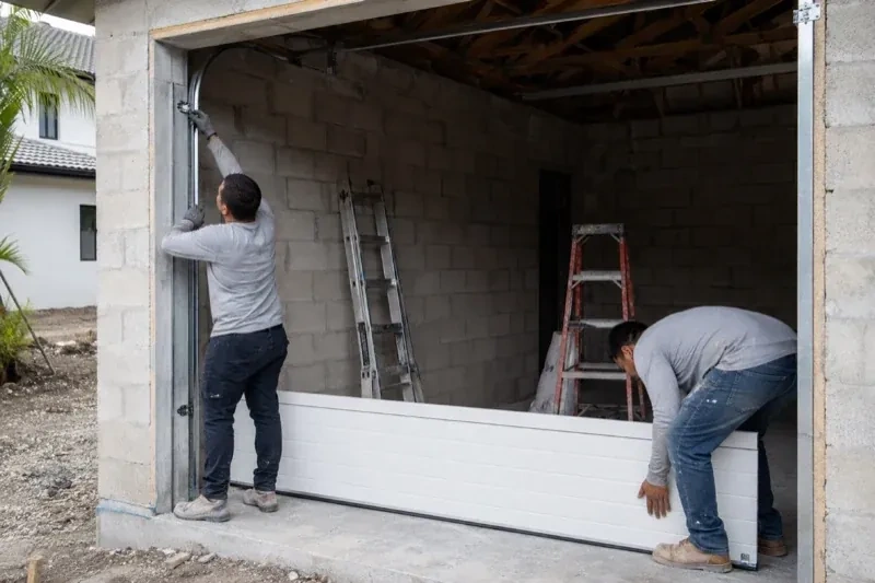 Two people positioning a white garage-door panel and side track in an unfinished masonry garage. — New-Construction Garage Door Installation, Scugog