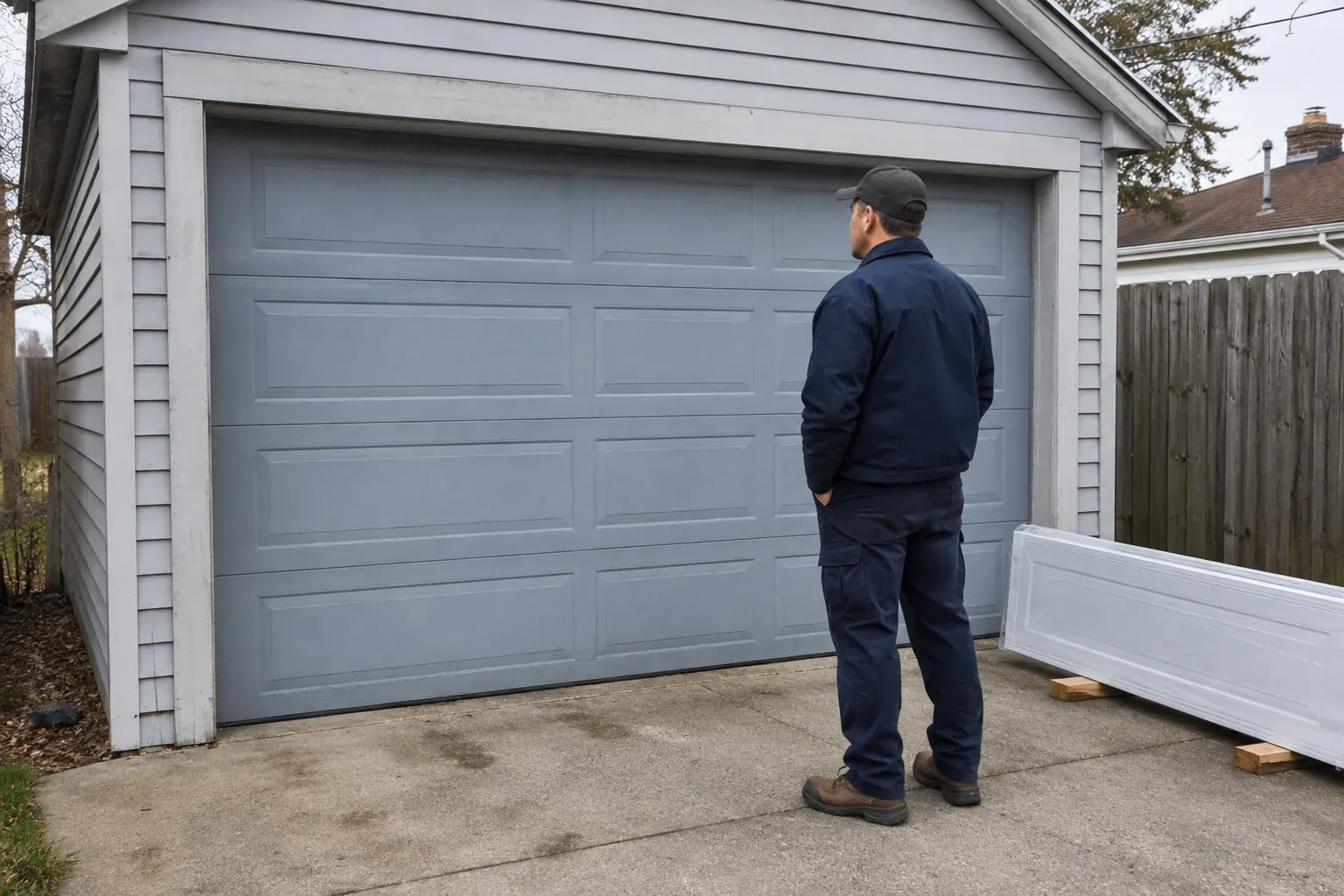 A person examines a blue-grey sectional garage door with a packaged door panel resting beside the driveway. — Sectional Garage Door Replacement, Scugog